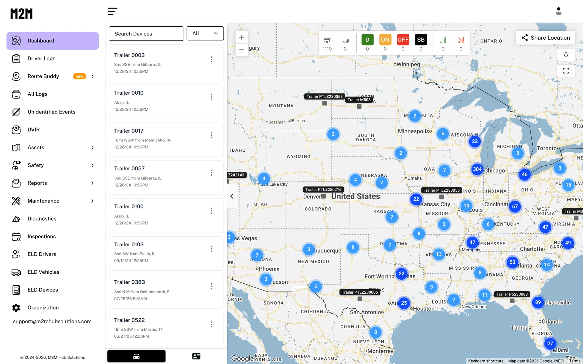M2M web portal map showing tracked trailers across the United States
